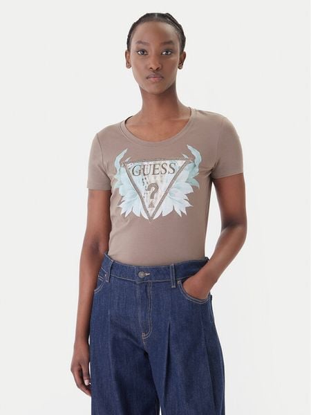 Guess T-Shirt W6GI12 K3027 Brązowy Regular Fit. Brązowe t-shirty Guess, m, z aplikacjami, z bawełny, bez kołnierzyka, bez ramiączek. Za 107.99 zł.