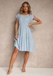 Jasnoniebieska Rozkloszowana Sukienka z Wiskozy Linurea. Niebieskie sukienki Renee, na co dzień, bez wzorów, z wiskozy, eleganckie, bez kołnierzyka, bez ramiączek, midi, rozkloszowane. Za 59.99 zł.