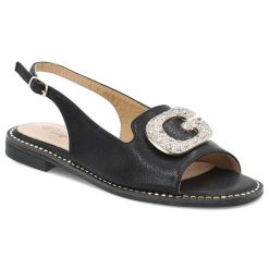 Sandały damskie S. Barski, eleganckie z ozdobą ze skóry ekologicznej ze sprzączką na płaskim obcasie, czarne, KV51-081. Czarne sandały S.BARSKI, z aplikacjami, ze skóry ekologicznej, eleganckie, bez obcasa, na płaskiej podeszwie, bez zapięcia. Za 109.00 zł.