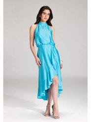 SWING Sukienka w kolorze błękitnym rozmiar: 44. Niebieskie sukienki Swing, bez wzorów, z asymetrycznym kołnierzem, bez ramiączek, midi, asymetryczne. Za 239.99 zł.