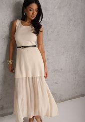 Beżowa Dzianinowa Sukienka z Wiskozą Zdobiona Podszewką i Paskiem z Klamrą Arkilia. Brązowe sukienki Renee, na co dzień, s, z aplikacjami, z dzianiny, bez kołnierzyka, bez ramiączek, maxi. Za 99.99 zł.