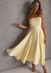 Żółta Gorsetowa Sukienka o Rozkloszowanym Kroju z Dekoltem Bandeau Reunegan. Żółte sukienki Renee, na studniówkę, l, bez wzorów, z poliesteru, eleganckie, bez kołnierzyka, bez ramiączek, midi, gorsetowe. Za 299.99 zł.