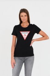 GUESS Czarny damski t-shirt bawełniany Original Tee, Rozmiar M. Czarne t-shirty Guess, m, z aplikacjami, z bawełny, bez kołnierzyka, bez ramiączek. W wyprzedaży za 69.99 zł.