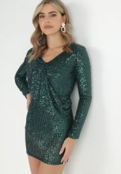 Ciemnozielona Cekinowa Sukienka Mini z Gumką w Pasie Colke. Zielone sukienki Born2be, m, bez wzorów, bez kołnierzyka, bez ramiączek, mini, dopasowane. Za 149.99 zł.