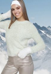 Miętowy Puchaty Sweter z Długim Rękawem i Okrągłym Dekoltem Elinmes. Zielone swetry Born2be, bez wzorów, z tkaniny, bez ramiączek. Za 59.99 zł.