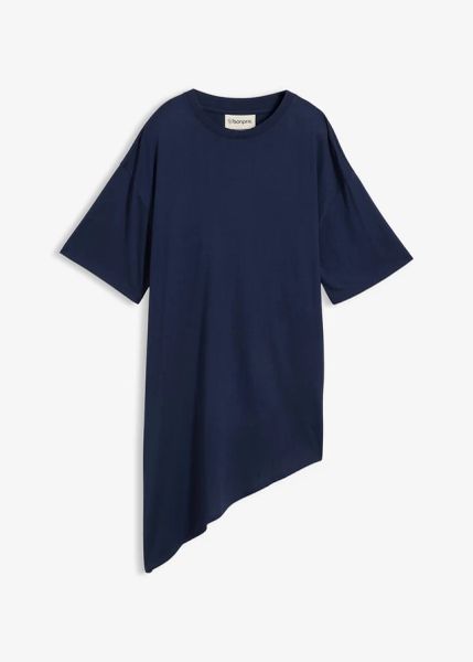 Bluzka z miękkiej mieszanki modalu. Niebieskie bluzki bonprix, bez wzorów, z asymetrycznym kołnierzem, bez ramiączek. Za 32.99 zł.