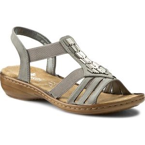 Sandały RIEKER - 60800-42 Grey. Szare sandały Rieker, z aplikacjami, z materiału, bez obcasa, na obcasie, bez zapięcia. W wyprzedaży za 179.00 zł.