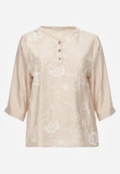 Beżowa Bluzka Ozdobiona Guzikami i Haftowanymi Kwiatami Delmana. Brązowe bluzki Born2be, plus size, z aplikacjami, z materiału, casualowe, bez kołnierzyka, plus size, bez ramiączek. Za 69.99 zł.