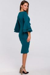 Sukienka elegancka ołówkowa z bufiastymi rękawami morski. Zielone sukienki Makover, na imprezę, l, z aplikacjami, z elastanu, eleganckie, bez kołnierzyka, bez ramiączek, midi, dopasowane. Za 309.00 zł.