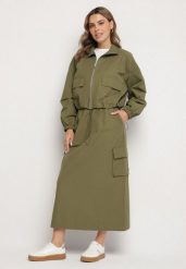 Zielony Komplet z Bawełną Rozpinana Bluza i Spódnica Evariel. Brązowe bluzy Born2be, na wiosnę, l, z aplikacjami, z bawełny, bez kaptura. Za 279.99 zł.