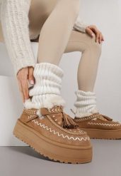 Brązowe Śniegowce na Platformie Ozdobione Haftem i Frędzlami Linomis. Brązowe trapery i śniegowce Renee, z jeansu. Za 119.99 zł.