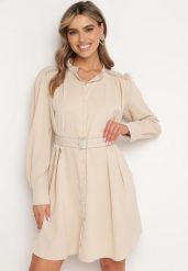 Beżowa Koszulowa Sukienka Zapinana na Guziki z Materiałowym Paskiem Ozdobiona Cyrkoniami Esantia. Brązowe sukienki Born2be, na co dzień, l, bez wzorów, z materiału, bez kołnierzyka, bez ramiączek, midi, koszulowe. Za 129.99 zł.