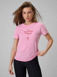 4F T-shirt regular z nadrukiem damski - różowy XS. Czerwone t-shirty 4f, xs, bez wzorów, z bawełny, bez kołnierzyka, bez ramiączek. Za 49.99 zł.