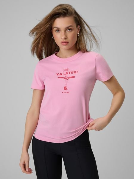 4F T-shirt regular z nadrukiem damski - różowy XS. Czerwone t-shirty 4f, xs, bez wzorów, z bawełny, bez kołnierzyka, bez ramiączek. Za 49.99 zł.