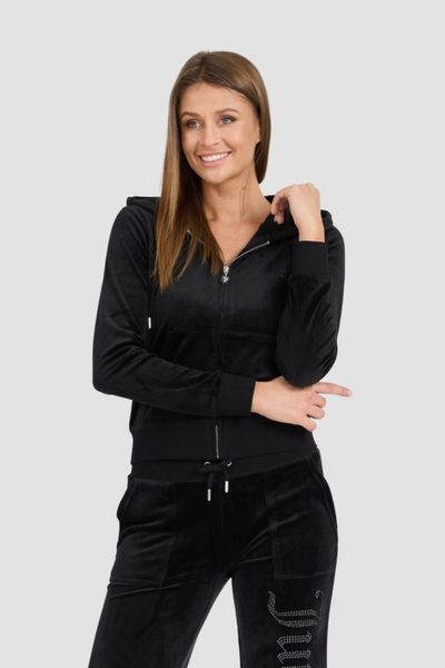 JUICY COUTURE Damska czarna bluza Robertson Jewelled Velour Hoodie, Rozmiar S. Czarne bluzy Juicy Couture, s, bez wzorów, z weluru, z kapturem. W wyprzedaży za 331.99 zł.