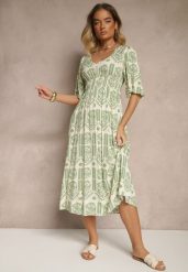 Zielono-Kremowa Sukienka Boho Rozkloszowana z Wiskozy z Odkrytymi Plecami Tuvria. Zielone sukienki Renee, na co dzień, l, bez wzorów, z wiskozy, boho, bez kołnierzyka, bez ramiączek, midi, rozkloszowane. Za 54.99 zł.