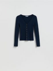 Kardigan z dodatkiem wiskozy - granatowy. Niebieskie kardigany Reserved, l, bez wzorów, z dzianiny. Za 119.99 zł.