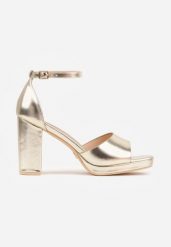 Złote Sandały VICES na Platformie i Słupku ze Skórzaną Wkładką Phelusa. Żółte sandały Born2be, bez wzorów, biznesowe, bez obcasa, na obcasie, bez zapięcia. Za 109.99 zł.