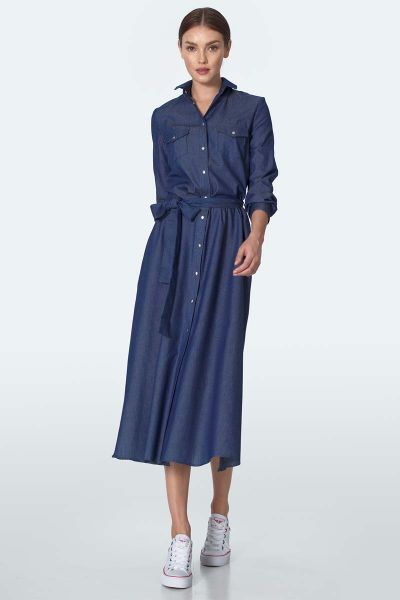 Szmizjerka z Kieszeniami - Jeans. Sukienki Nife, l, bez wzorów, z bawełny, bez kołnierzyka, bez ramiączek, rozkloszowane. Za 339.90 zł.