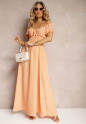 Pomarańczowa Sukienka z Wiskozy z Gumką w Talii i Kopertowym Dekoltem Rhoneri. Brązowe sukienki Renee, na imprezę, m, bez wzorów, z wiskozy, eleganckie, bez kołnierzyka, bez ramiączek, maxi, kopertowe. Za 49.99 zł.