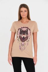 GUESS Brązowy damski t-shirt bawełniany z wilkiem, Rozmiar L. Brązowe t-shirty Guess, l, z aplikacjami, z bawełny, bez kołnierzyka, bez ramiączek. W wyprzedaży za 169.99 zł.