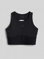 4F Crop top do jogi szybkoschnący damski - czarny M. Czarne topy 4f, l, bez wzorów, z gumy, bez kołnierzyka, bez ramiączek. Za 119.99 zł.