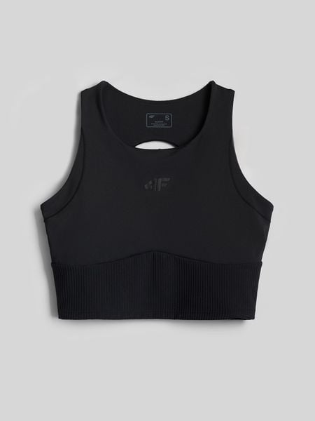 4F Crop top do jogi szybkoschnący damski - czarny M. Czarne topy 4f, l, bez wzorów, z gumy, bez kołnierzyka, bez ramiączek. Za 119.99 zł.