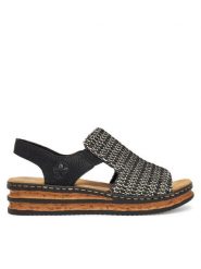 Rieker Sandały 62971-00 Czarny. Czarne sandały Rieker, bez wzorów, z materiału, bez obcasa, na koturnie, bez zapięcia. Za 299.99 zł.