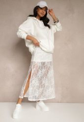 Biała Koronkowa Spódnica o Rozkloszowanym Kroju z Rozcięciem Zarlaura. Białe spódnice Renee, na co dzień, m, z aplikacjami, z koronki, eleganckie, midi, rozkloszowane. Za 89.99 zł.