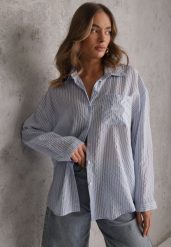 Niebieska Koszula Oversize z Tencelu w Paski z Haftowanym Wzorem Tidore. Niebieskie koszule Renee, m, bez wzorów, z jeansu, eleganckie, bez kołnierzyka, bez ramiączek. Za 89.99 zł.