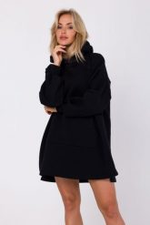 Krótka Dzianinowa Sukienka z Kapturem - Czarna. Czarne sukienki MOE, l, bez wzorów, z bawełny, wizytowe, bez kołnierzyka, bez ramiączek, mini. Za 334.90 zł.