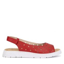 Sandały Rieker. Czerwone sandały Rieker, bez wzorów, bez obcasa, na płaskiej podeszwie, bez zapięcia. Za 259.99 zł.