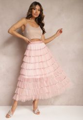 Różowa Rozkloszowana Spódnica Maxi z Falbankami i Cekinami Noobi. Czerwone spódnice Renee, m, bez wzorów, z materiału, eleganckie, maxi, rozkloszowane. Za 89.99 zł.
