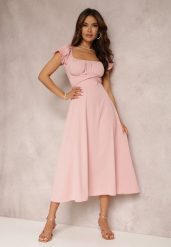 Różowa Sukienka o Rozkloszowanym Kroju z Wiązaniem Perolis. Czerwone sukienki Renee, l, bez wzorów, eleganckie, bez kołnierzyka, bez ramiączek, midi, rozkloszowane. Za 99.99 zł.