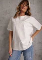 Biały Oversizowy T-shirt z Bawełny Zdobiony Haftem z Cekinami Marivia. Białe t-shirty Renee, l, z aplikacjami, z bawełny, bez kołnierzyka, bez ramiączek. Za 59.99 zł.