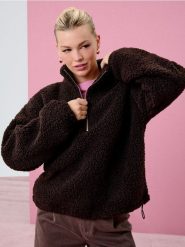 Bluza sherpa ze stójką na zamek - brązowy. Brązowe bluzy Sinsay, l, bez wzorów, z polaru, bez kaptura. Za 69.99 zł.