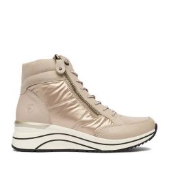 Botki Remonte. Brązowe botki Remonte, bez wzorów, bez obcasa, na koturnie, bez zapięcia. Za 429.99 zł.