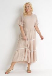 Beżowa Rozkloszowana Sukienka Maxi Wiązana z Tyłu Zathia. Brązowe sukienki Born2be, xl, w ażurowe wzory, z materiału, bez kołnierzyka, bez ramiączek, maxi, rozkloszowane. Za 74.99 zł.