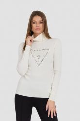GUESS Biały damski golf Piper Triangle Logo, Rozmiar M. Białe golfy Guess, m, z aplikacjami, z materiału, bez ramiączek. W wyprzedaży za 219.99 zł.