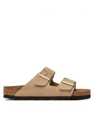 Birkenstock Klapki Arizona 1019016 Beżowy. Brązowe klapki Birkenstock, bez wzorów, z nubiku, bez obcasa. Za 560.71 zł.