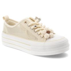 Sneakersy damskie Filippo, cholewka z materiału tekstylnego siateczkowego wiązanie z przodu ozdobne grube sznurówki, beżowy, DTN7855/26. Brązowe trampki Filippo, bez wzorów, bez zapięcia. Za 90.90 zł.