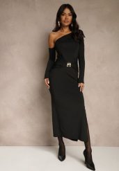 Czarna Sukienka z Wiskozą Aplikacją Marszczeniem i Wywiniętym Dekoltem Reilenna. Czarne sukienki Renee, m, z aplikacjami, z wiskozy, wizytowe, bez kołnierzyka, bez ramiączek. Za 159.99 zł.