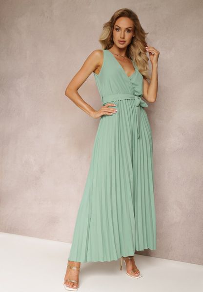 Zielona Rozkloszowana Sukienka Maxi z Plisowanym Dołem i Gumką w Talii Sare. Zielone sukienki Renee, na imprezę, na lato, l, bez wzorów, bez kołnierzyka, bez ramiączek, maxi, plisowane. Za 99.99 zł.