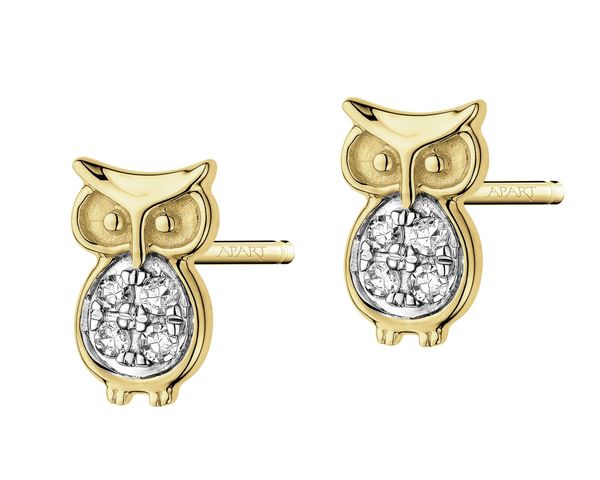 Kolczyki z żółtego złota z diamentami - sowy - 0,03 ct - próba 375. Żółte kolczyki Apart, z diamentem, złote. Za 829.00 zł.