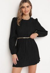 Czarna Rozkloszowana Sukienka z Gumką w Pasie i Długim Rękawem Biasha. Czarne sukienki Born2be, na co dzień, m, bez wzorów, eleganckie, bez kołnierzyka, bez ramiączek, mini, dopasowane. Za 99.99 zł.