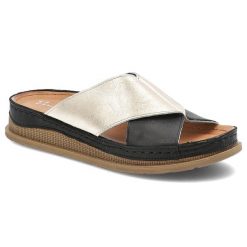 Klapki damskie Maciejka, skórzane na platformie z miękkimi wkładkami eleganckie, czarno-złote, L4986-25-00-0. Czarne klapki Maciejka, bez wzorów, bez obcasa, na platformie. Za 209.00 zł.