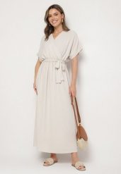 Beżowa Sukienka z Bawełną i Ozdobnym Paskiem Lunistra. Brązowe sukienki Born2be, na co dzień, l, z aplikacjami, z bawełny, eleganckie, bez kołnierzyka, bez ramiączek, maxi. Za 69.99 zł.