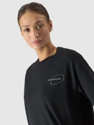 4F T-shirt oversize z nadrukiem damski - czarny M. Czarne t-shirty 4f, m, bez wzorów, z bawełny, bez kołnierzyka, bez ramiączek. W wyprzedaży za 39.99 zł.