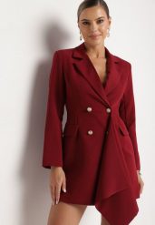 Bordowa Taliowana Sukienka o Kroju Marynarki z Mini Trenem Besista. Czerwone sukienki Born2be, m, z aplikacjami, eleganckie, bez kołnierzyka, bez ramiączek, mini. Za 139.99 zł.