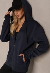 Granatowa Zasuwana Bluza Sportowo-Casualowa z Kapturem Vamisza. Niebieskie bluzy Renee, l, bez wzorów, z jeansu, z kapturem. Za 69.99 zł.